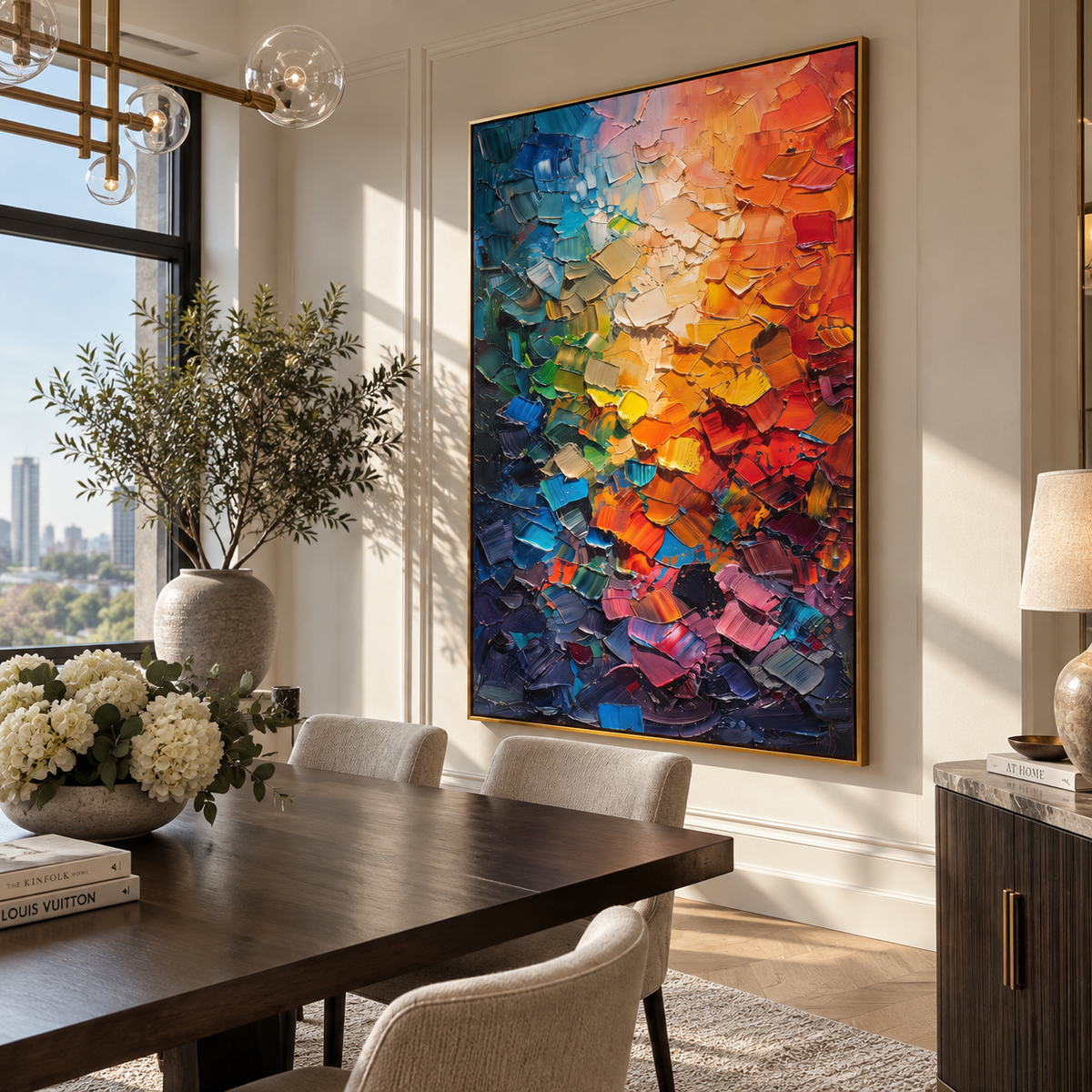 Chromatic Fragments Ignite artwork shown with modern interior materials