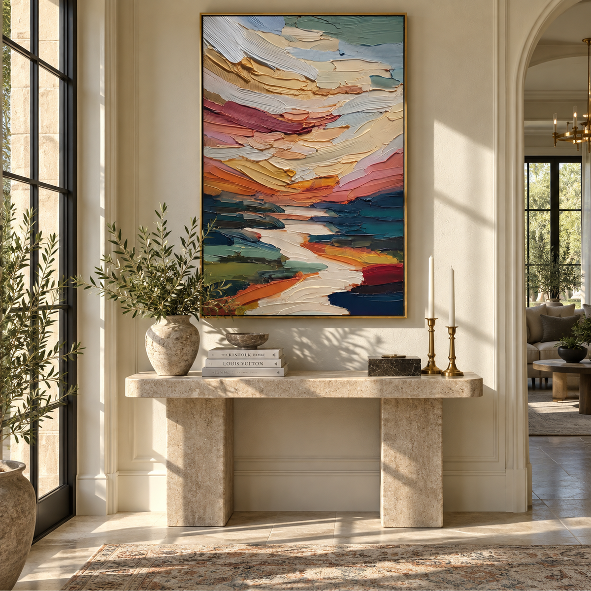 Painted Valleys Meet colorful layered landscape painting displayed in a styled interior