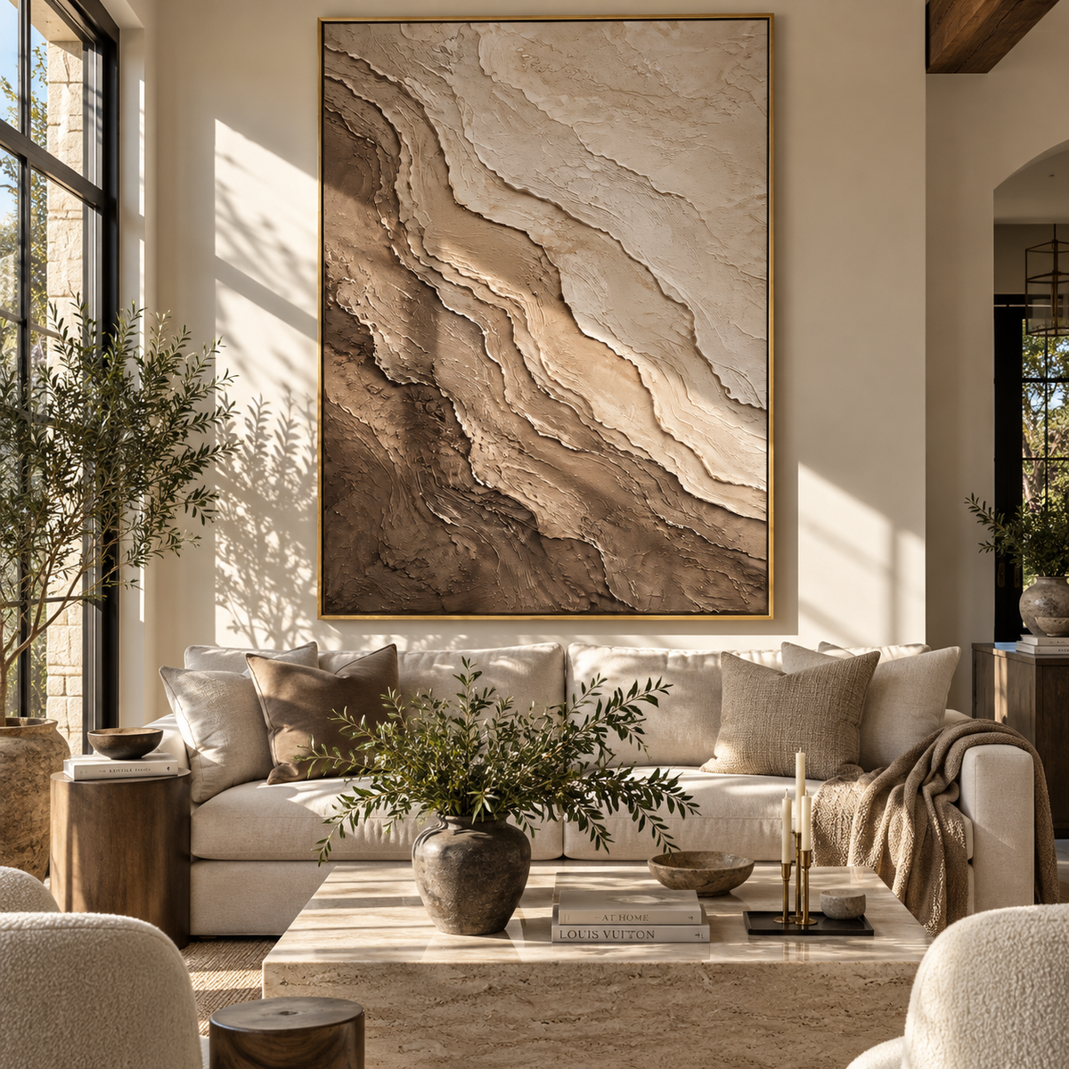 Quiet Strata Drift taupe beige layered relief painting displayed in a styled interior