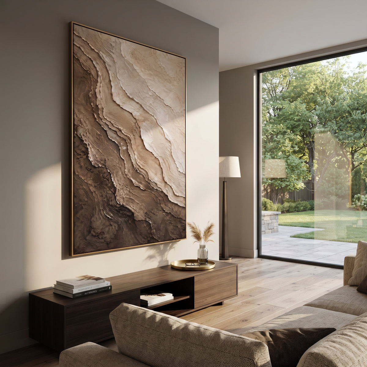 Quiet Strata Drift vertical painting displayed as a room focal point
