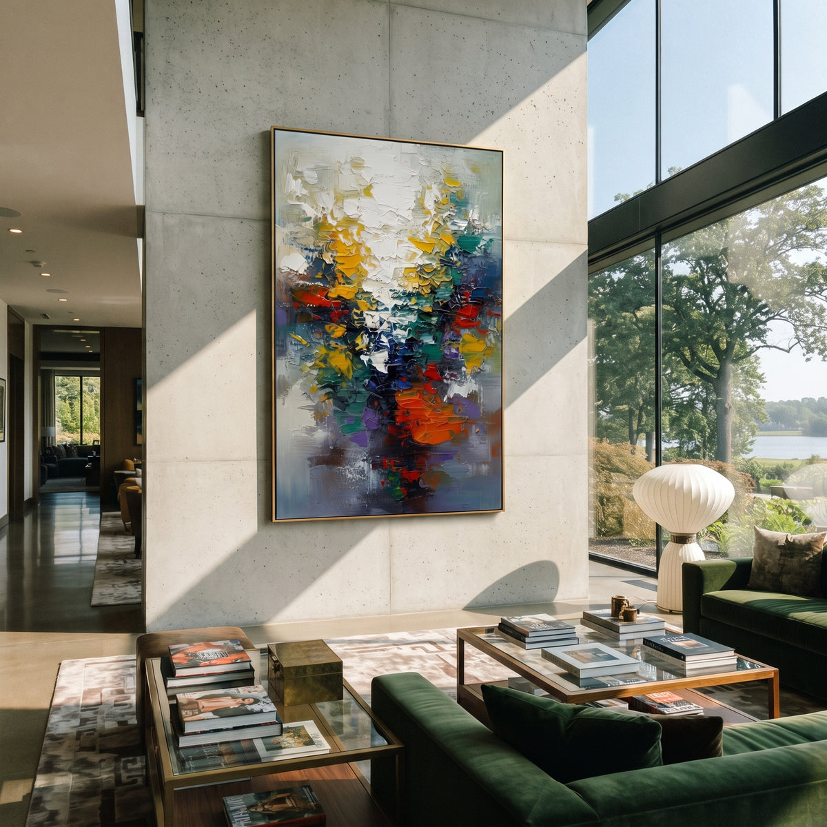 Reflections Across the Divide colorful reflective abstract painting displayed in a styled interior
