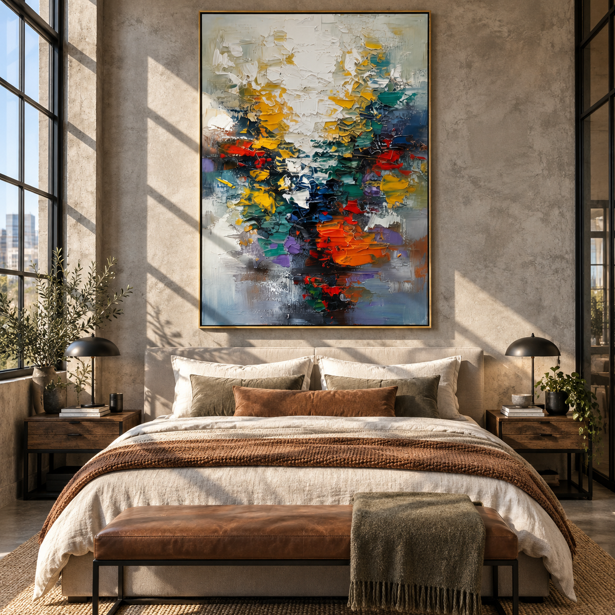 Reflections Across the Divide vertical painting displayed as a room focal point