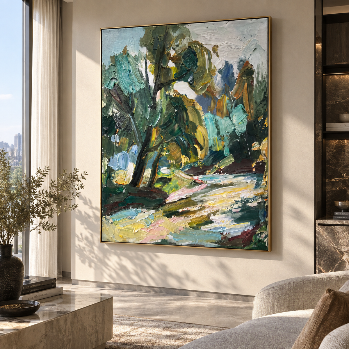 Green Passage Under Trees vertical painting displayed as a room focal point