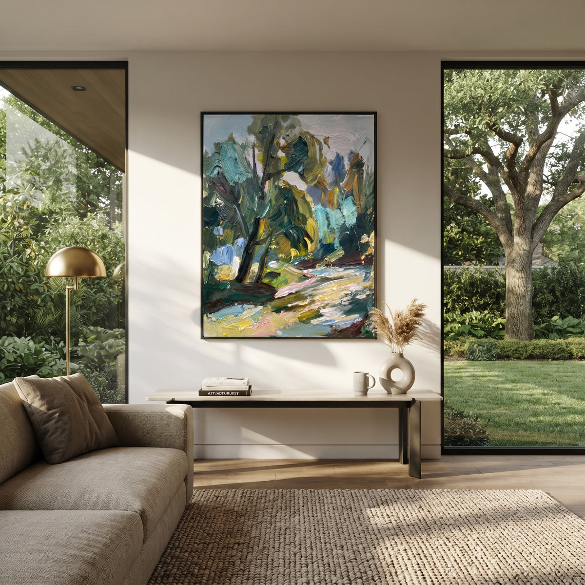 Green Passage Under Trees artwork shown with modern interior materials