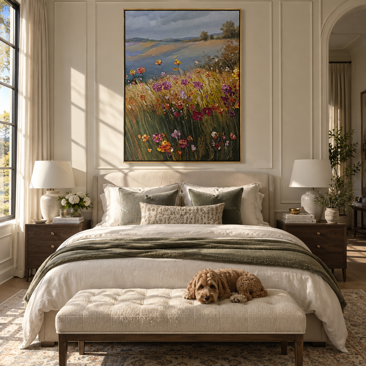 Meadow After Rain wildflower meadow landscape painting displayed in a styled interior