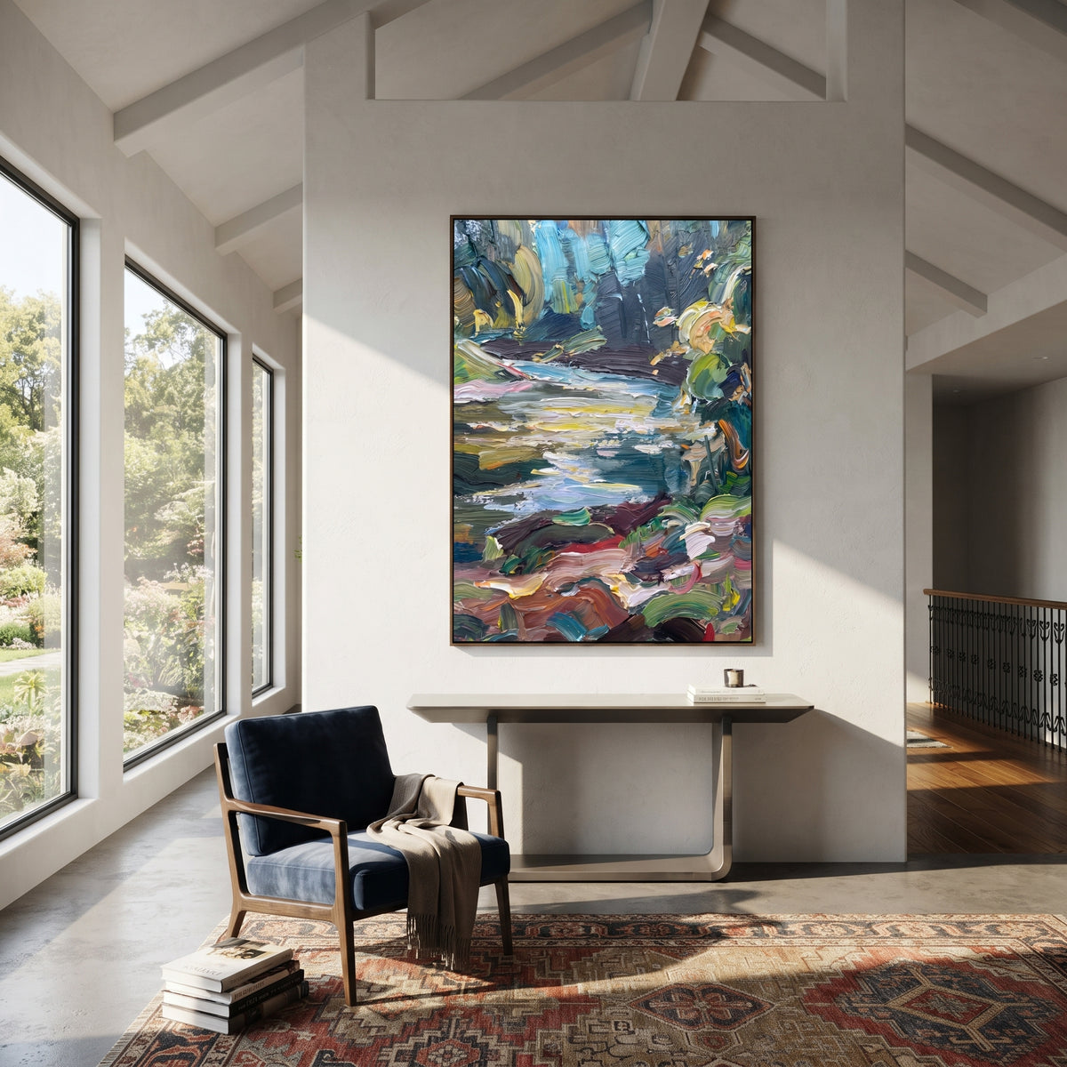 Forest Stream in Motion artwork shown with modern interior materials