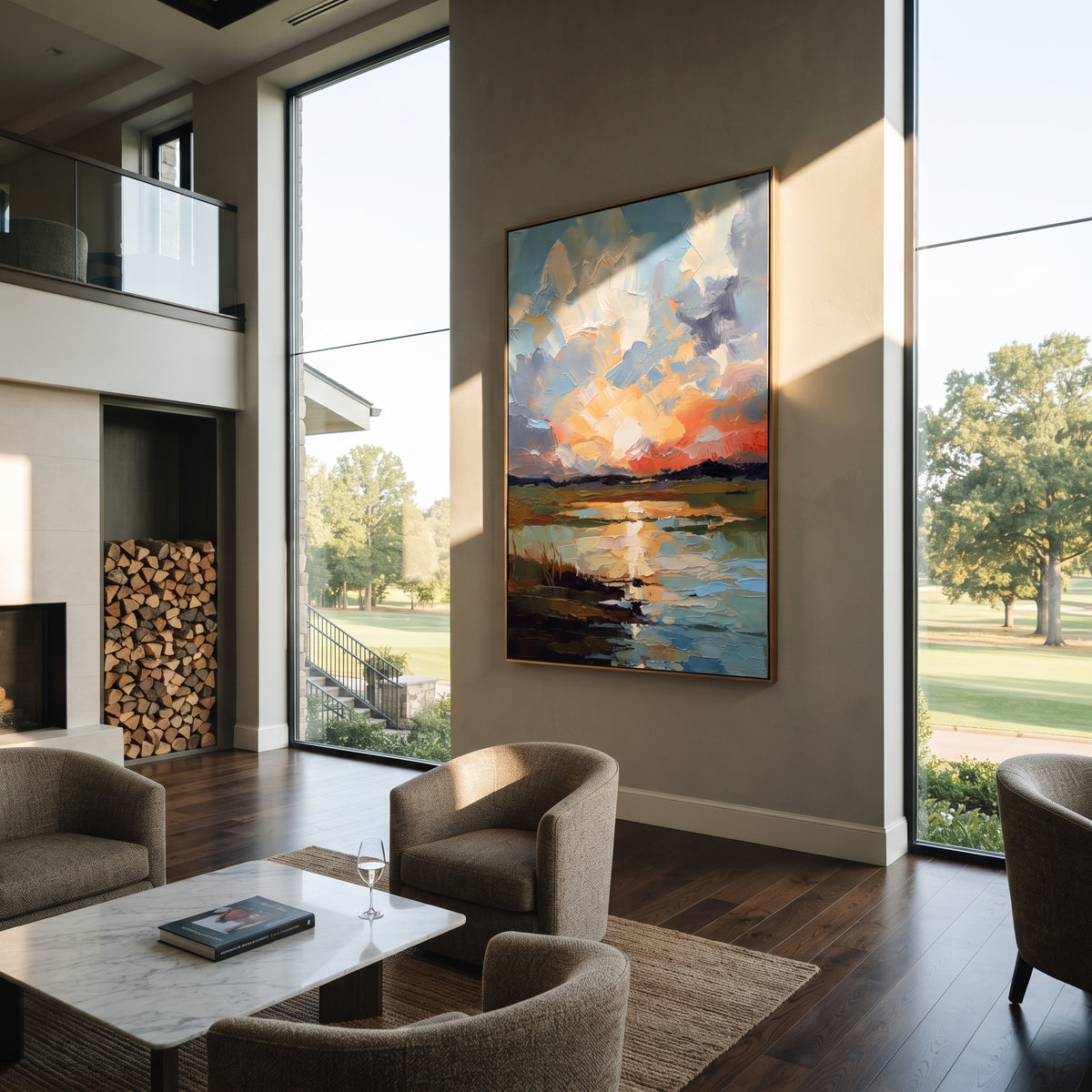 Last Light Across Water vertical painting displayed as a room focal point