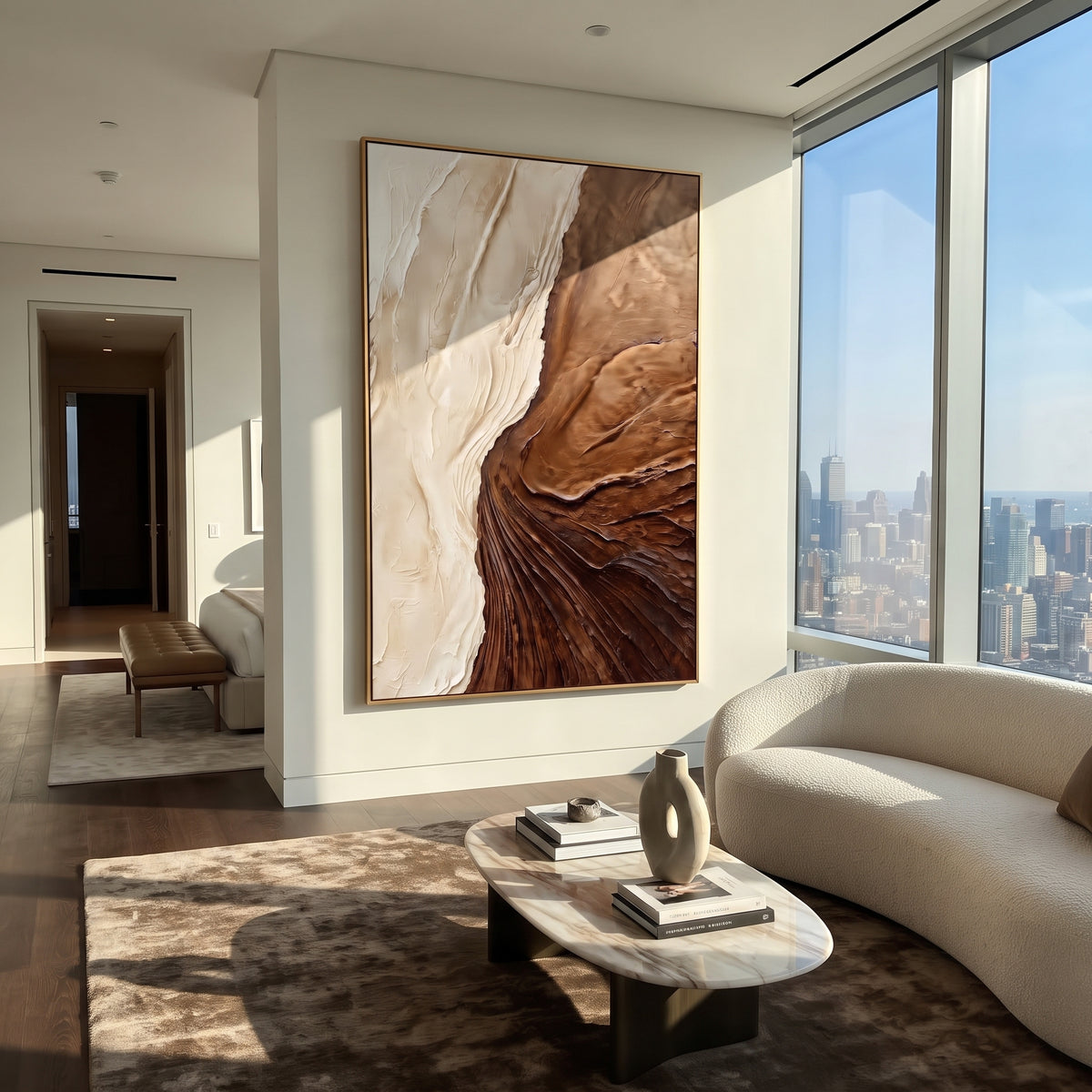 Earth Opens Into Ivory artwork shown with modern interior materials
