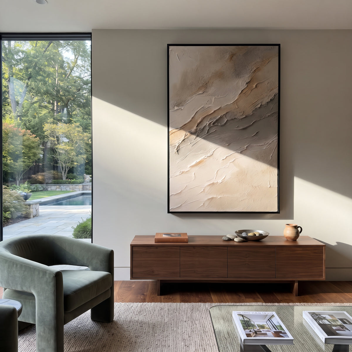 Pale Ridges Rise textured wall art shown in a contemporary room setting