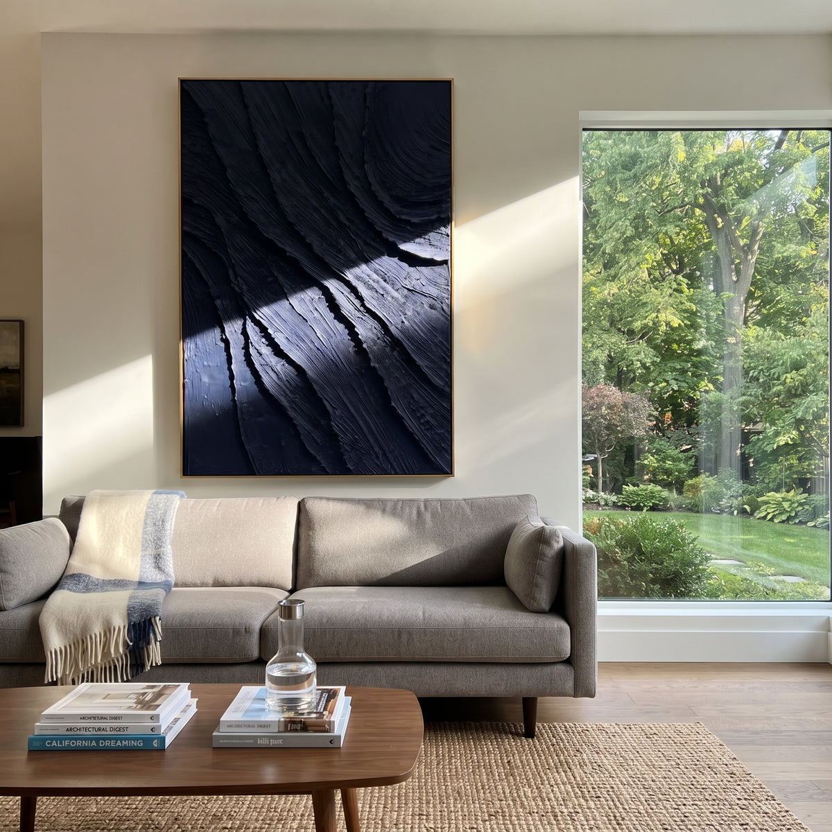 Midnight Currents Fold textured wall art shown in a contemporary room setting
