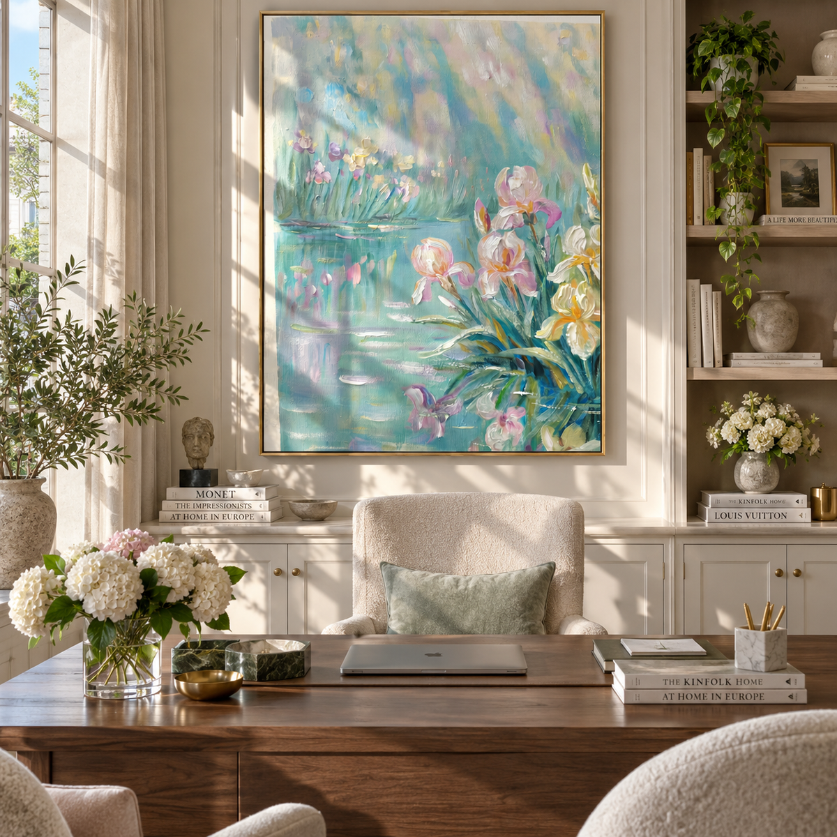 Irises at First Light textured wall art shown in a contemporary room setting