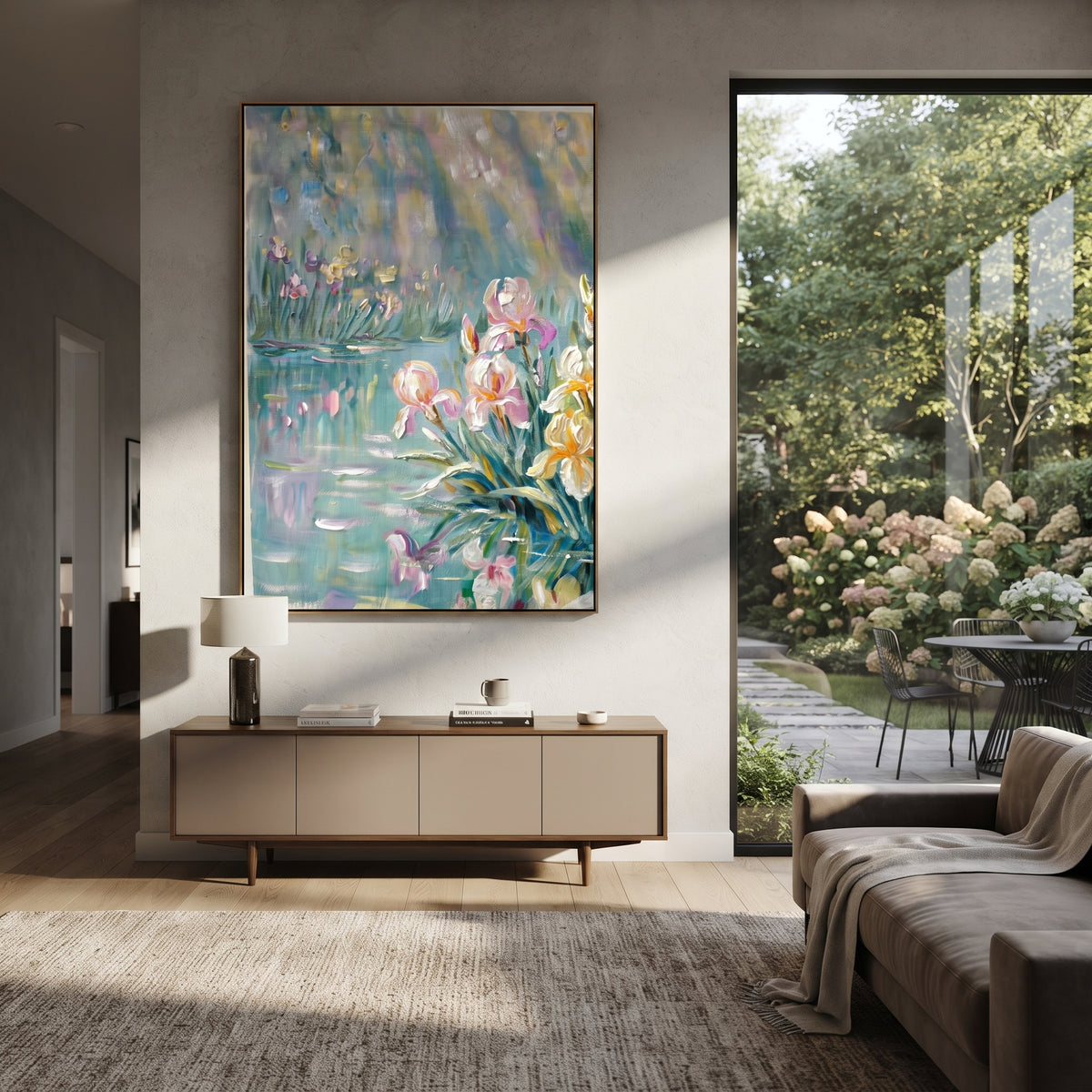 Irises at First Light vertical painting displayed as a room focal point