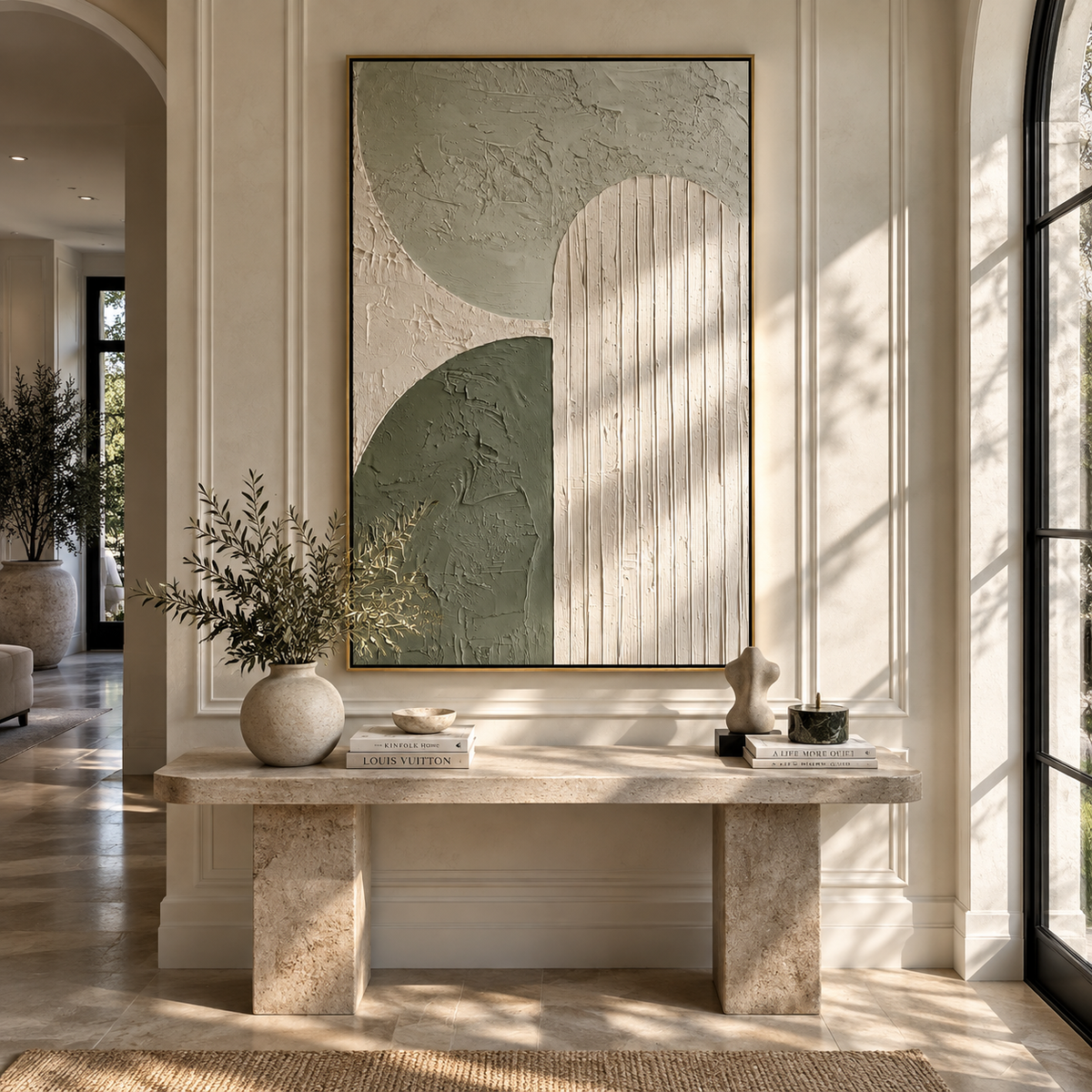 Arches in Sage sage cream geometric relief painting displayed in a styled interior