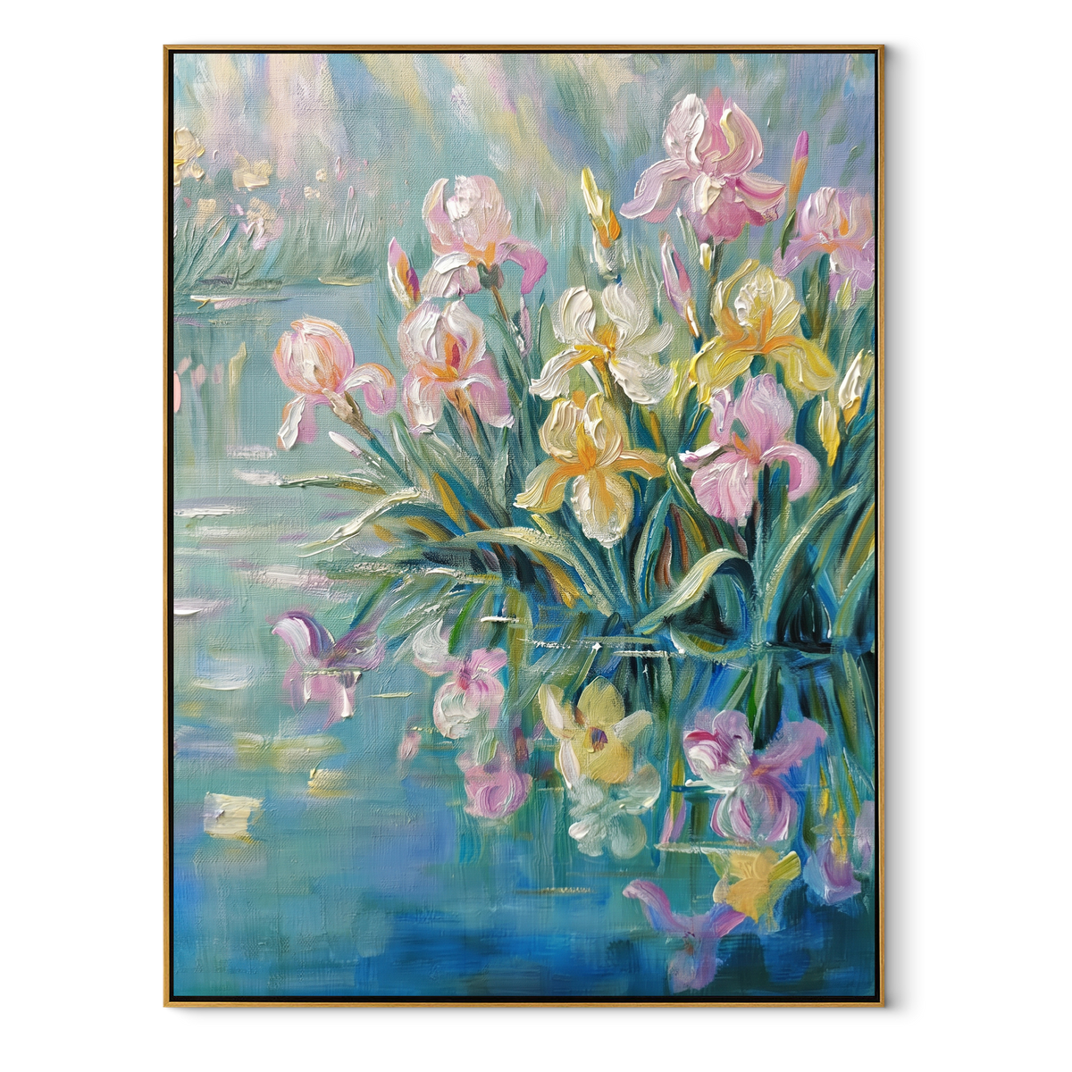 Iris Garden Awakens vertical canvas artwork in a wood frame on a white background