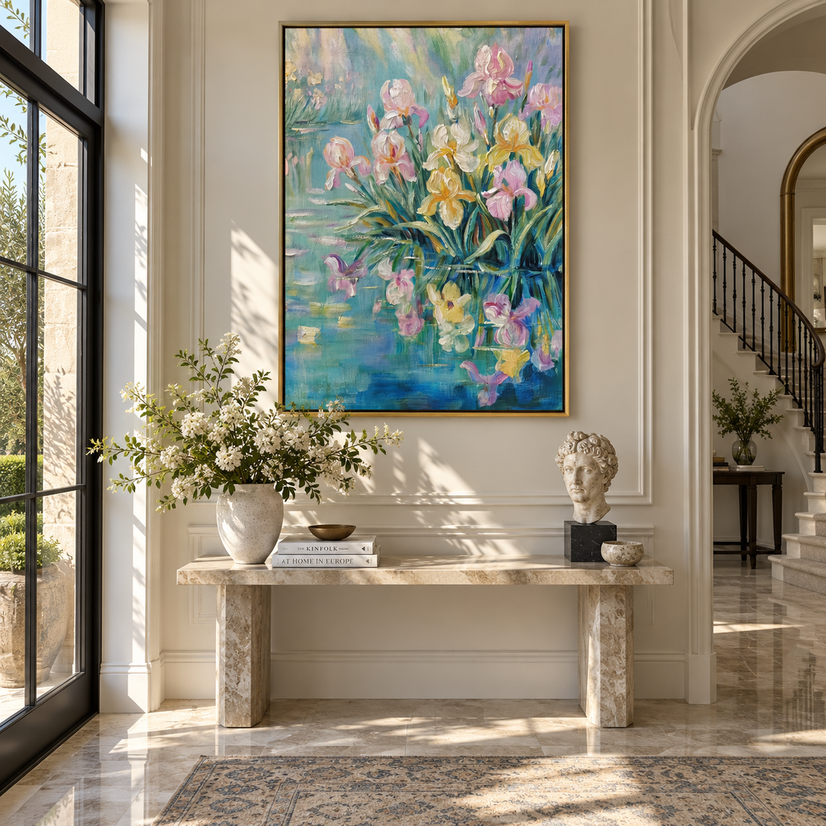 Iris Garden Awakens vertical painting displayed as a room focal point