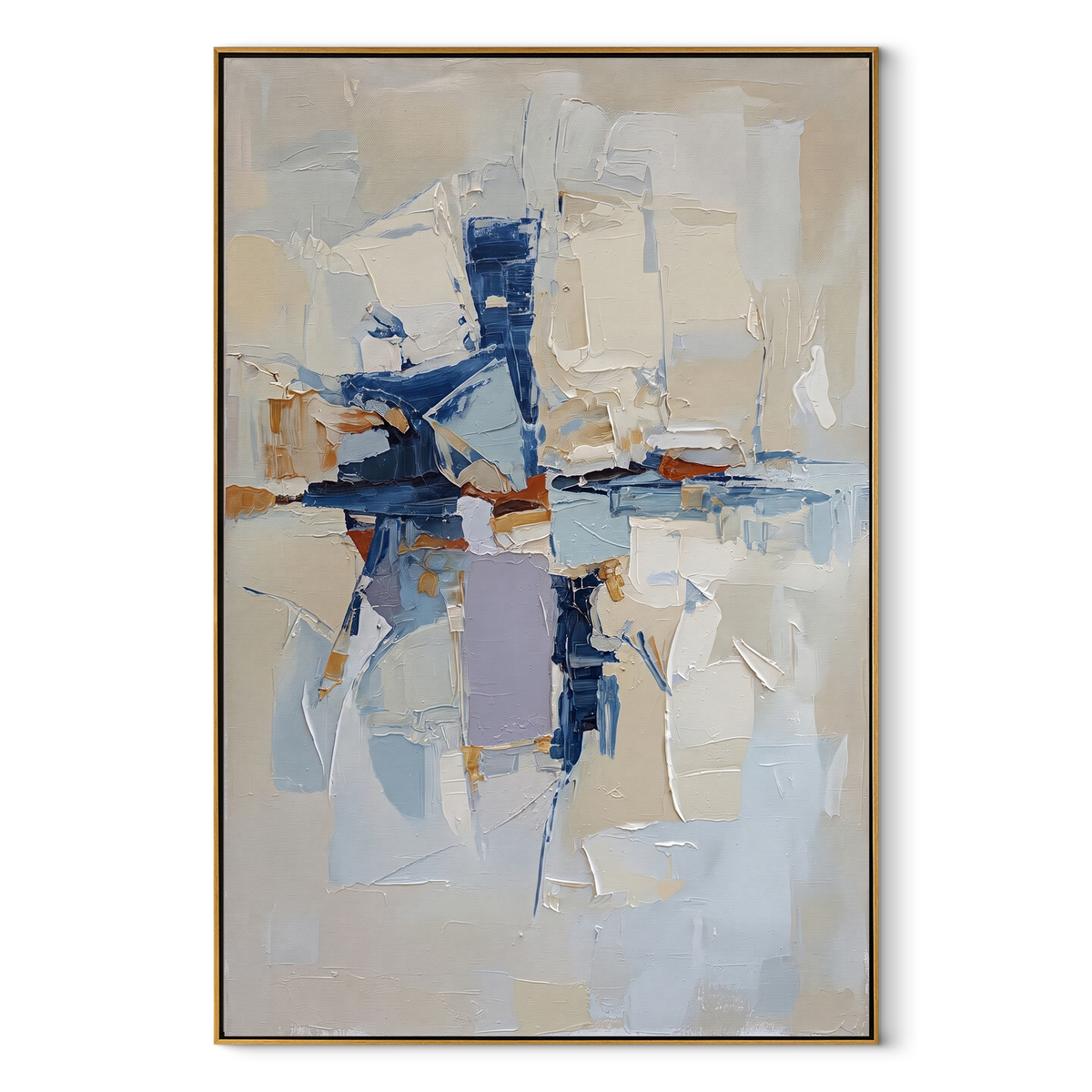 Blue Structure Breaking vertical canvas artwork in a wood frame on a white background