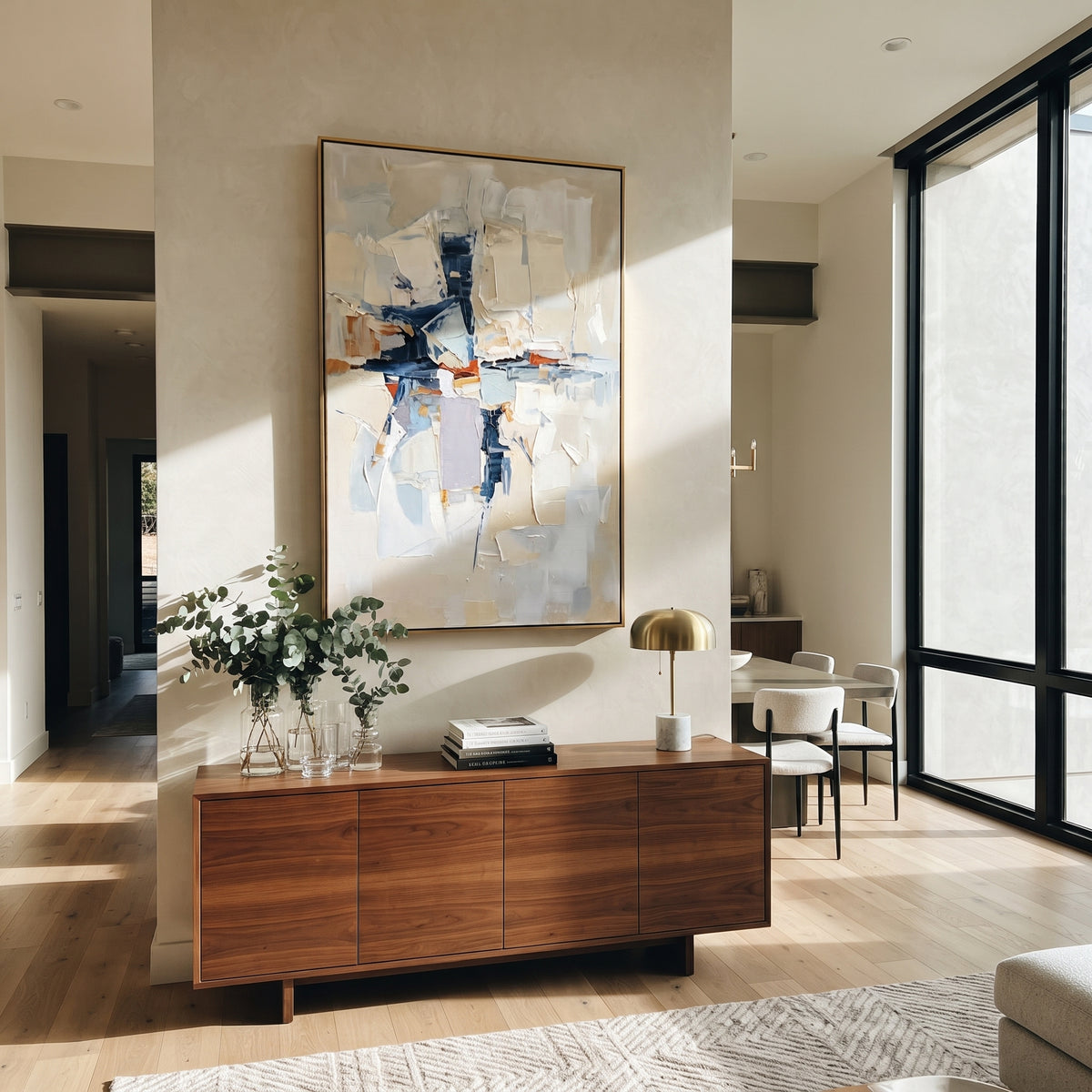 Blue Structure Breaking artwork shown with modern interior materials