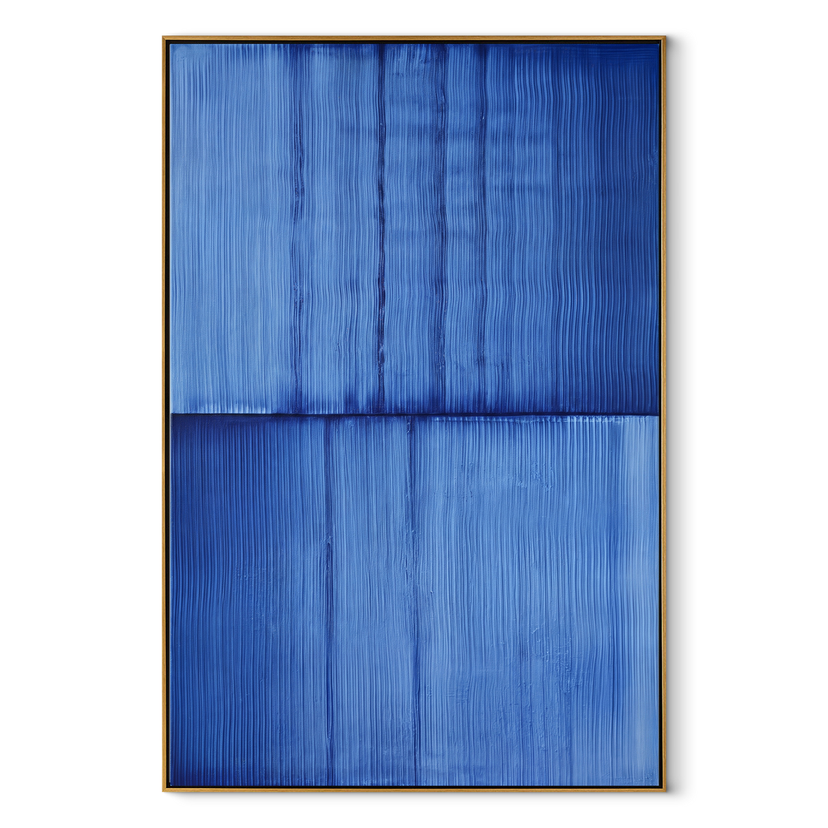 Cobalt Rooms at Dusk vertical canvas artwork in a wood frame on a white background