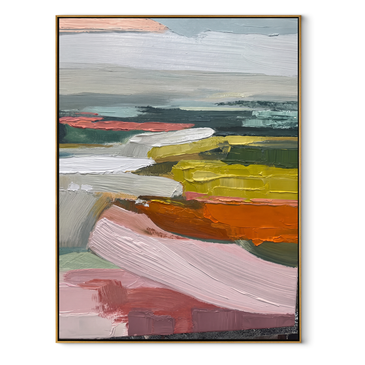 Pastel Fields Recede vertical canvas artwork in a wood frame on a white background