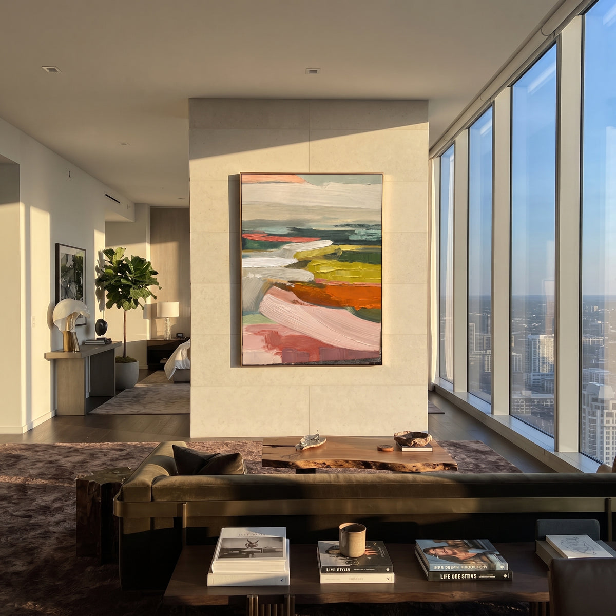 Pastel Fields Recede textured wall art shown in a contemporary room setting