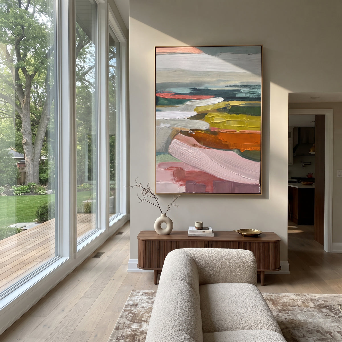 Pastel Fields Recede vertical painting displayed as a room focal point