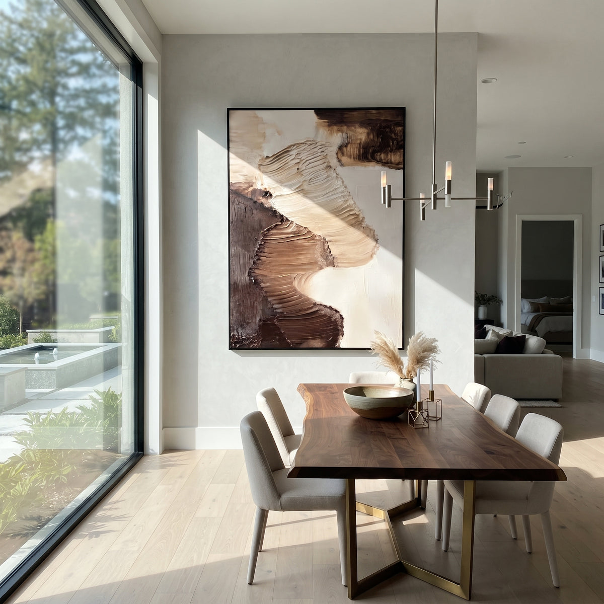 Earthen Gestures Meet brown ivory gestural abstract painting displayed in a styled interior