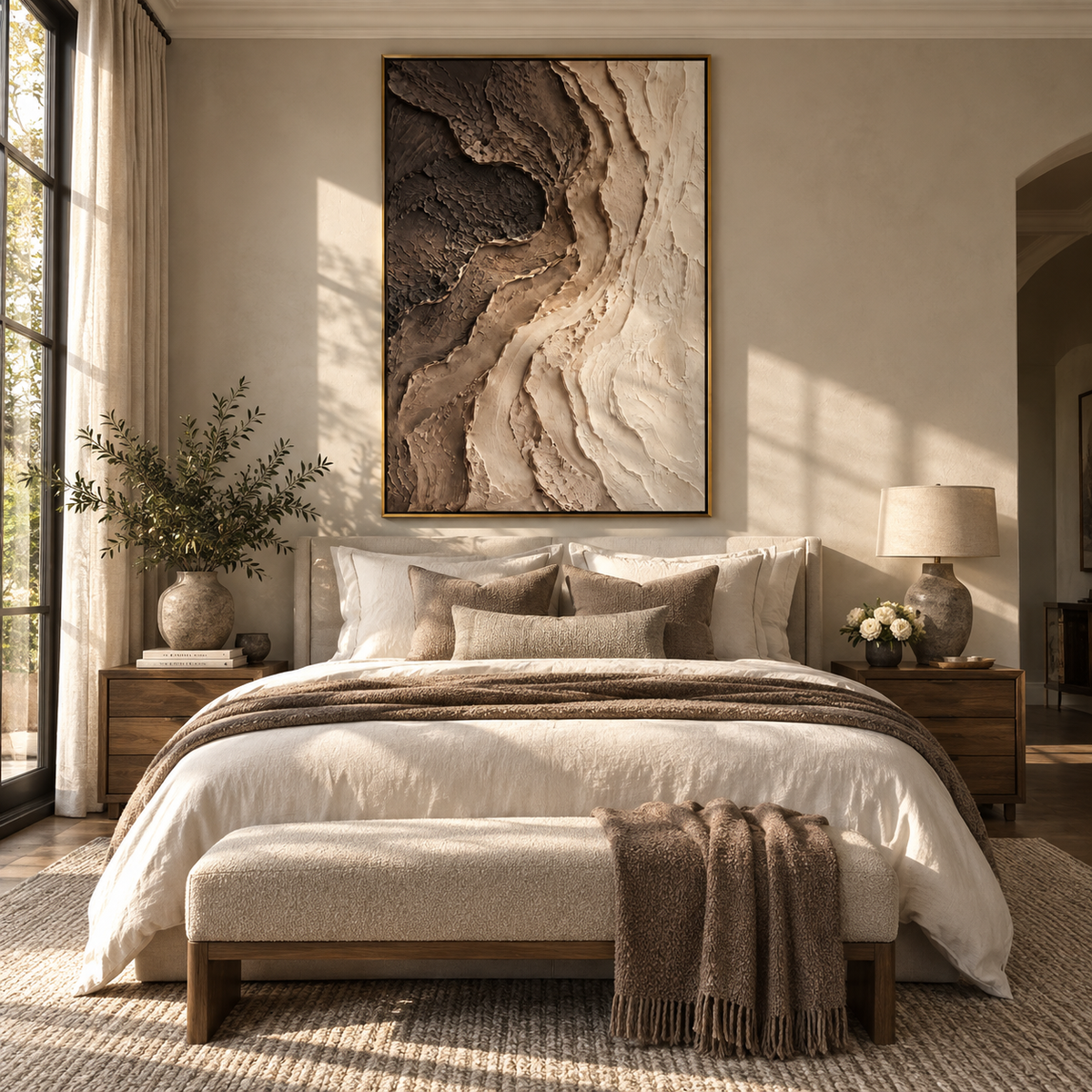 Ravine in Umber White brown white layered relief painting displayed in a styled interior