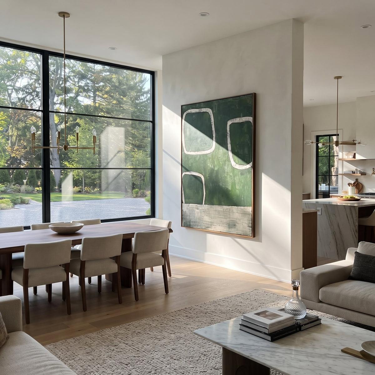 Green Windows Rest green white geometric painting displayed in a styled interior