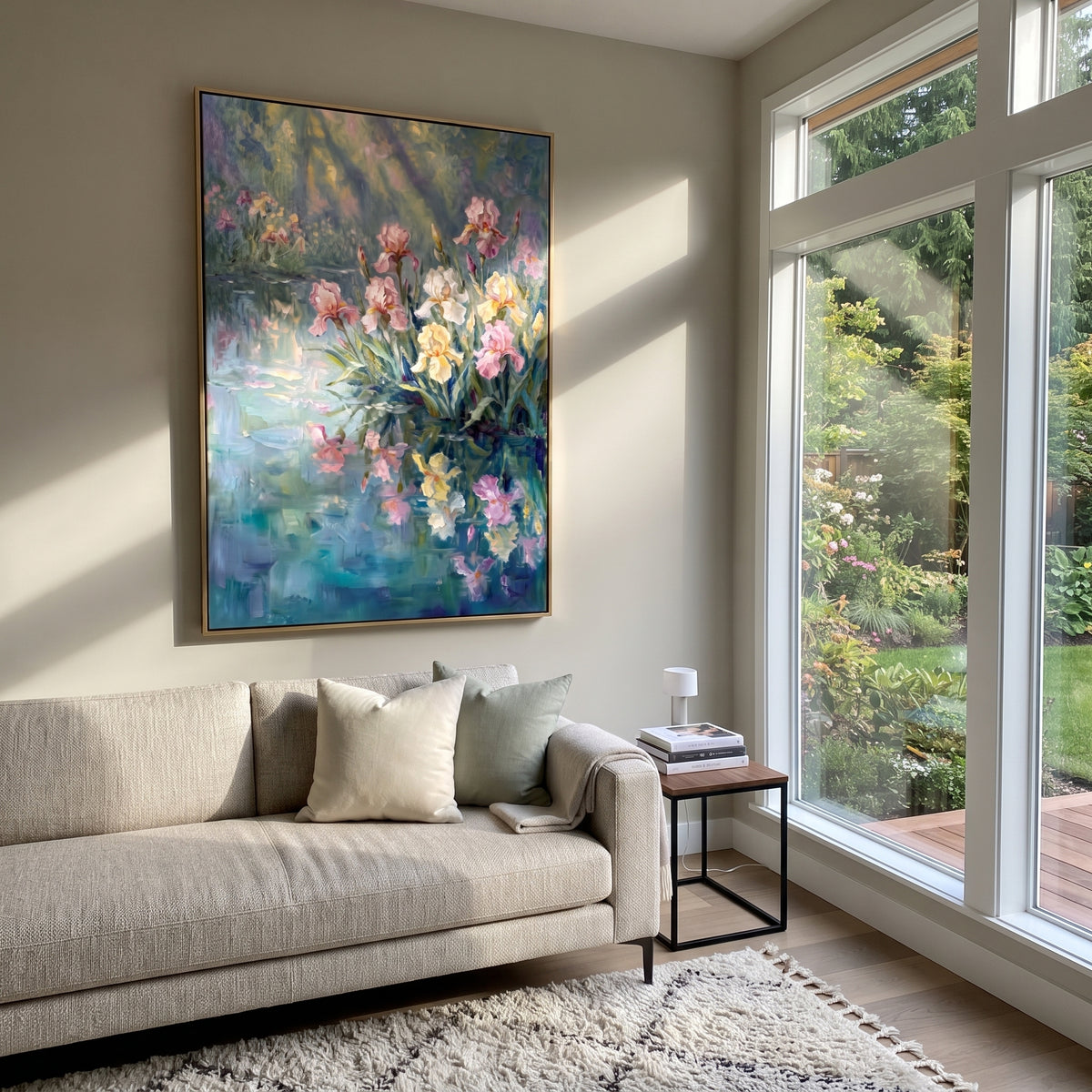 Garden Reflected in Blue pastel flower reflection painting displayed in a styled interior