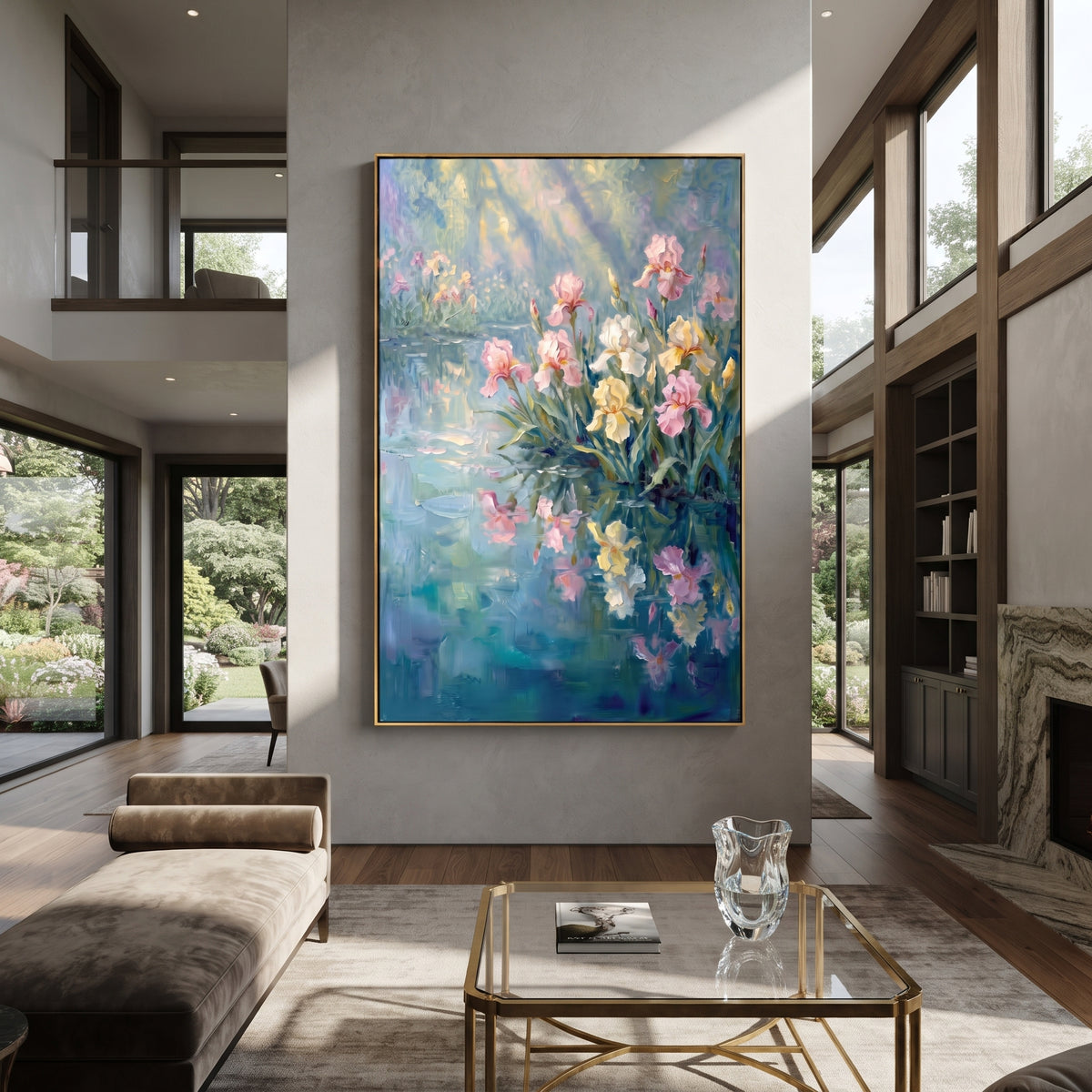 Garden Reflected in Blue textured wall art shown in a contemporary room setting