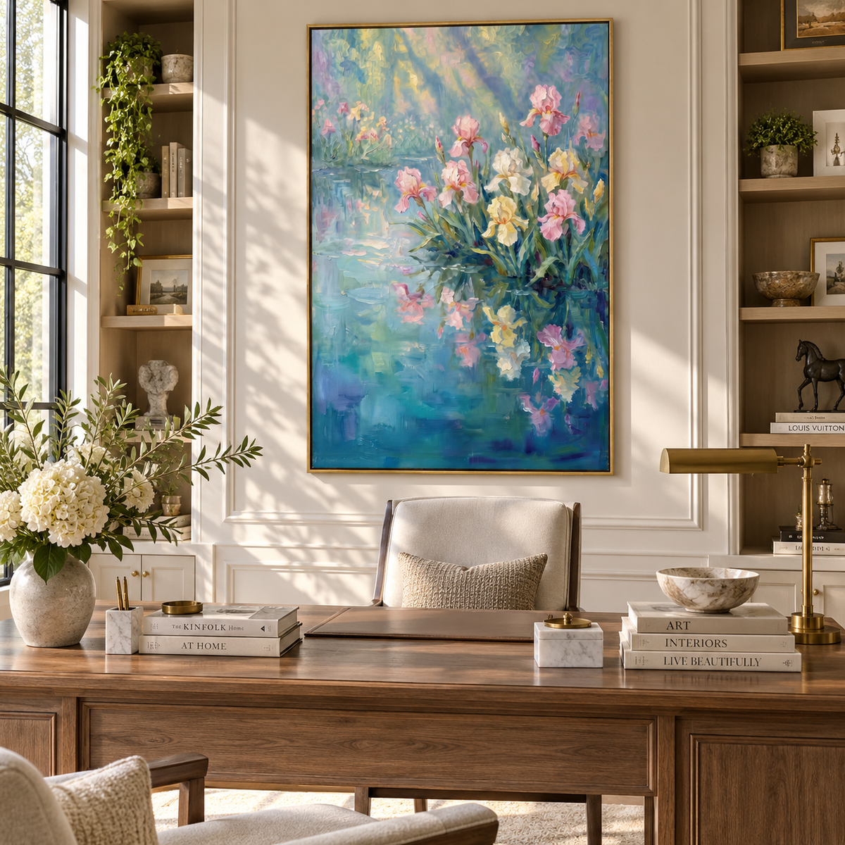 Garden Reflected in Blue vertical painting displayed as a room focal point