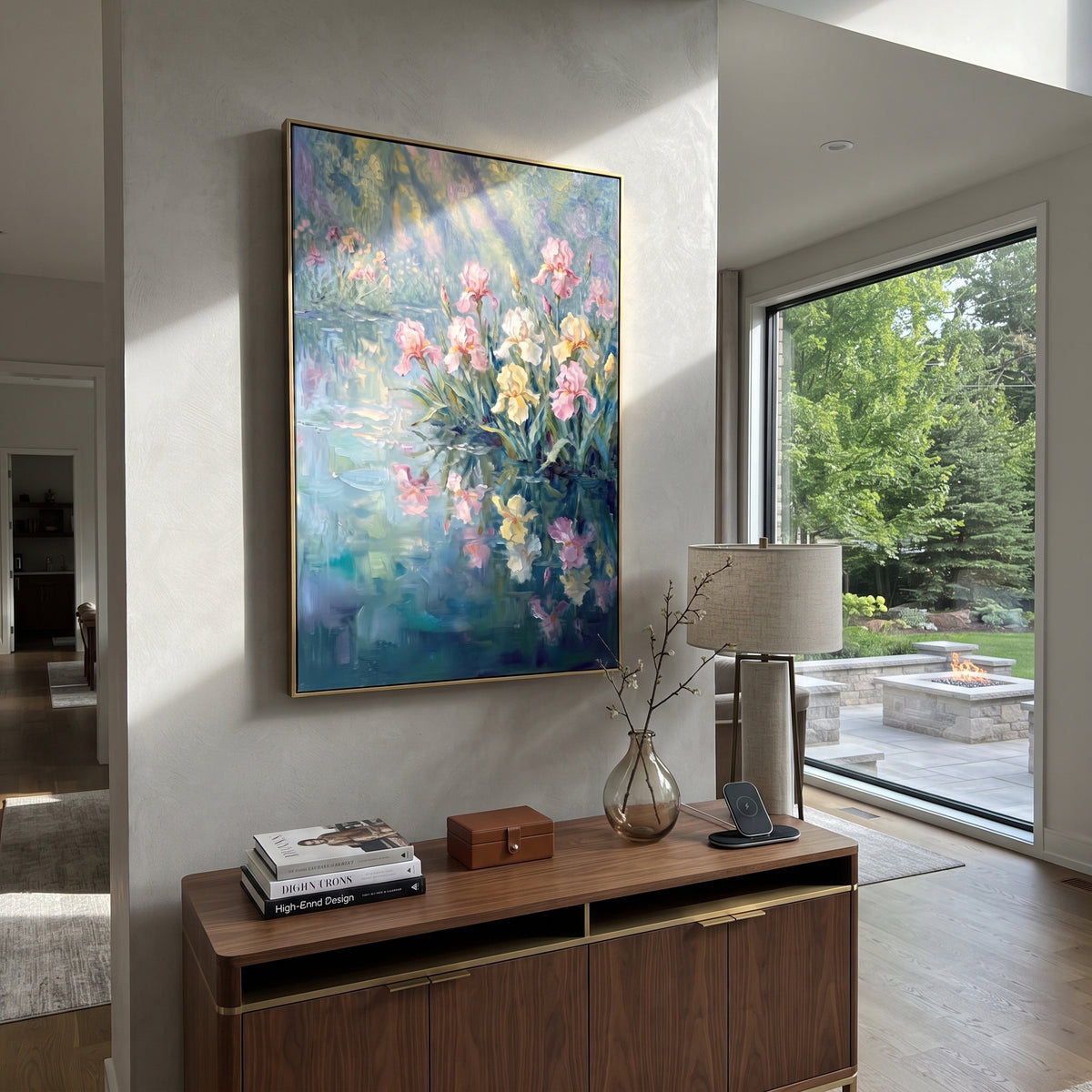 Garden Reflected in Blue artwork shown with modern interior materials