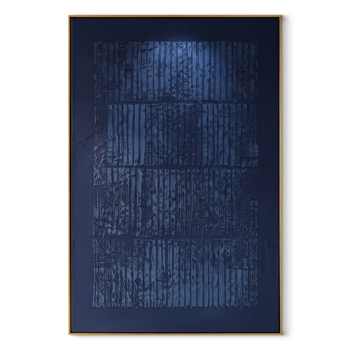 Midnight Grid Resonance vertical canvas artwork in a wood frame on a white background
