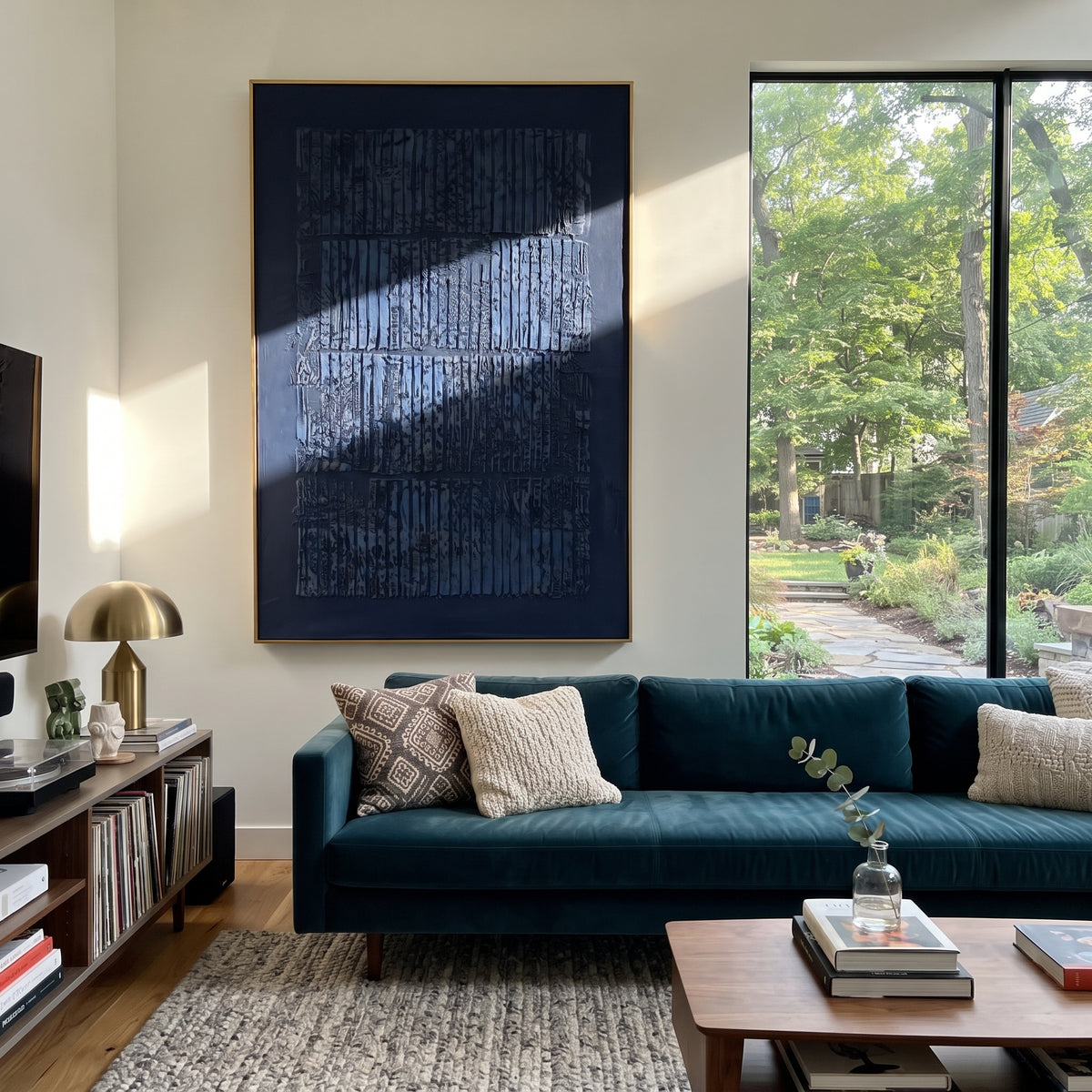 Midnight Grid Resonance textured wall art shown in a contemporary room setting
