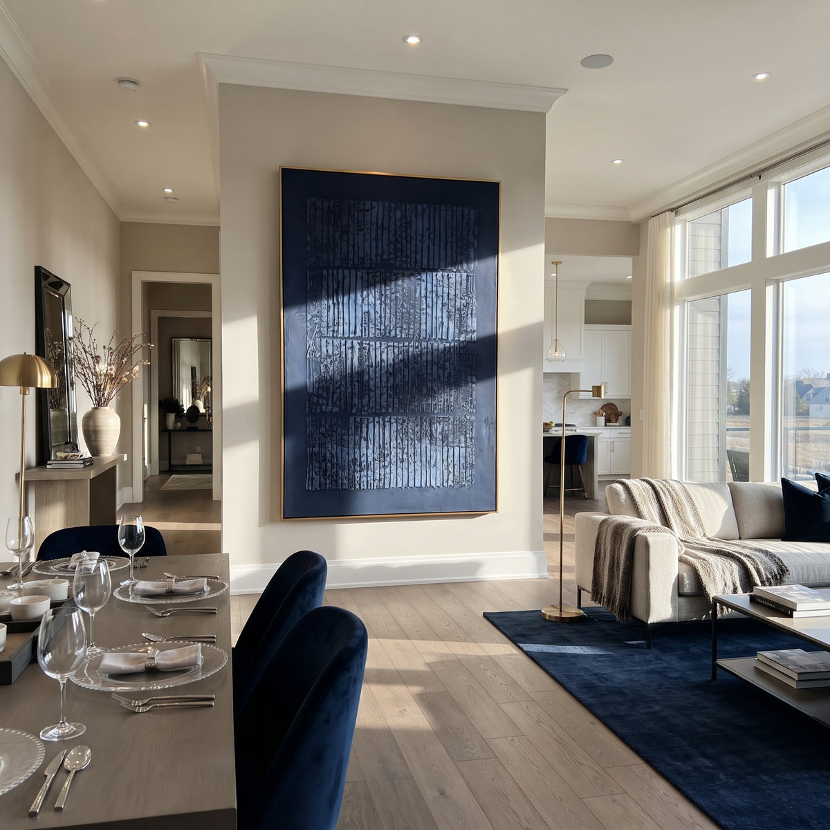 Midnight Grid Resonance vertical painting displayed as a room focal point