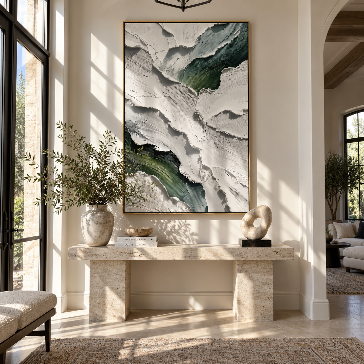 White Peaks Split Green green white mountain abstract painting displayed in a styled interior