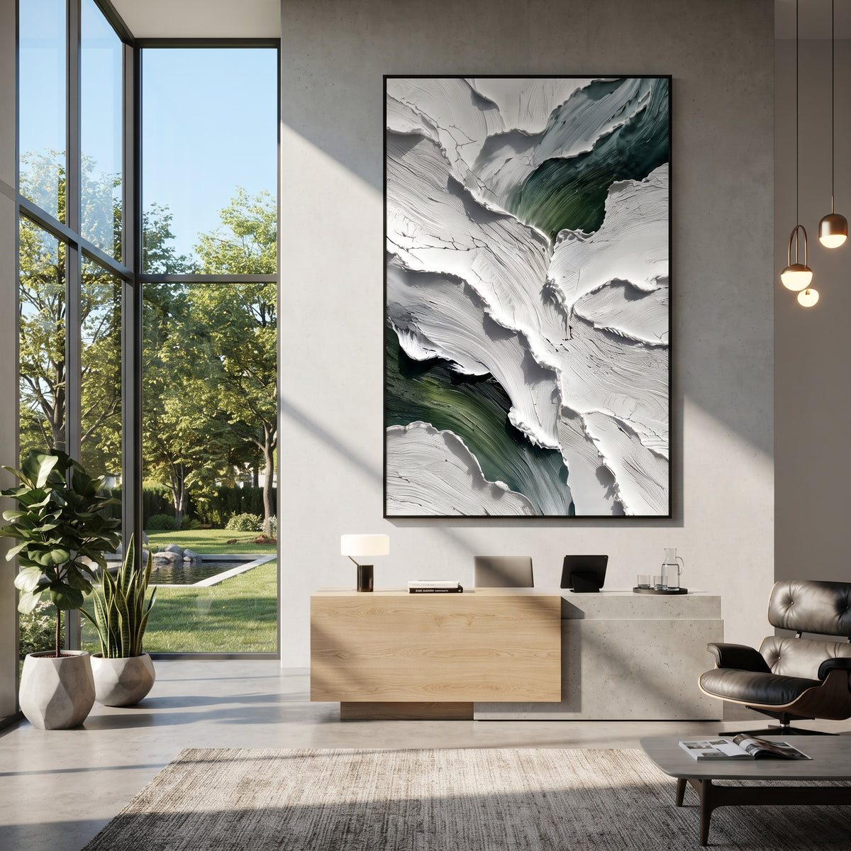 White Peaks Split Green vertical painting displayed as a room focal point