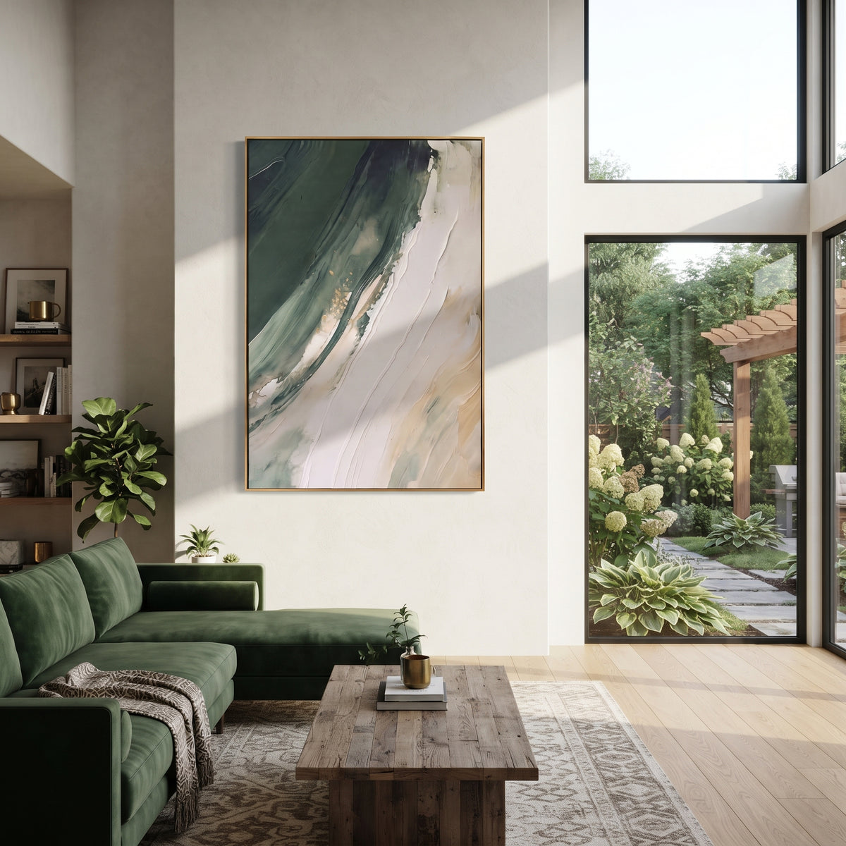 Green Current Turns green white curved abstract painting displayed in a styled interior