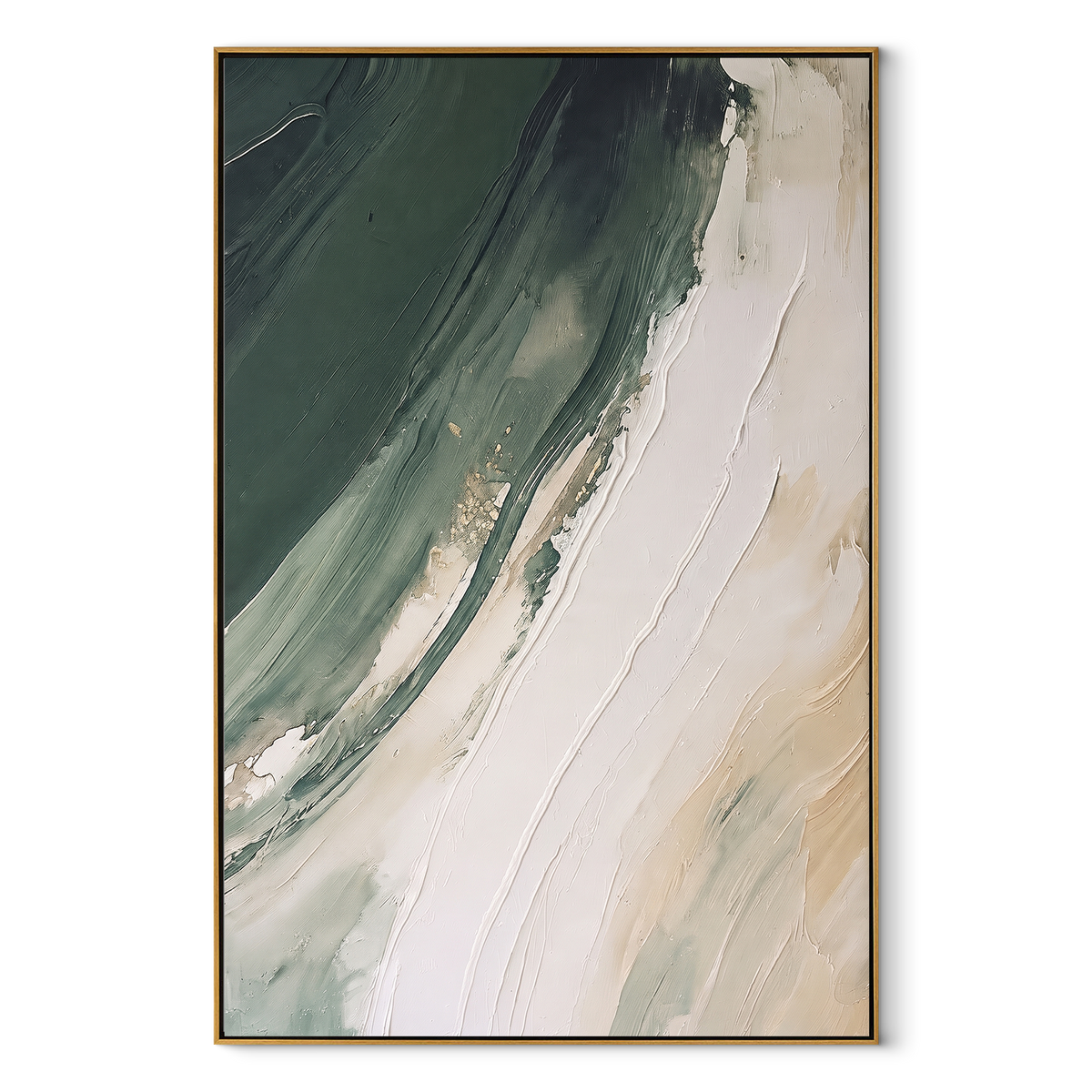Green Current Turns vertical canvas artwork in a wood frame on a white background