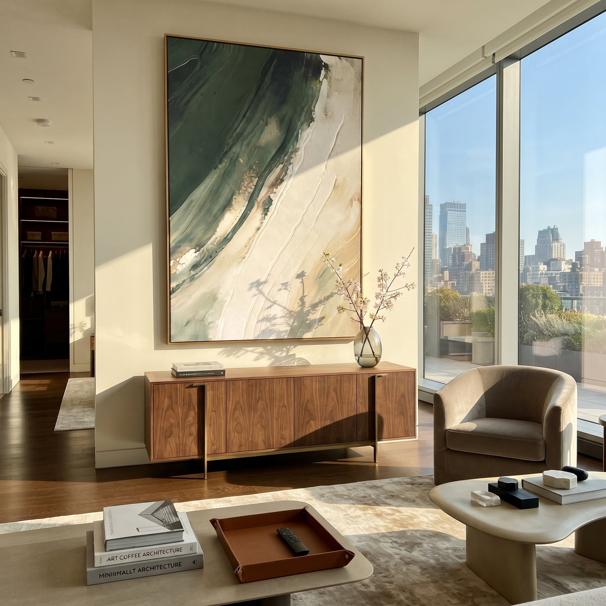 Green Current Turns textured wall art shown in a contemporary room setting