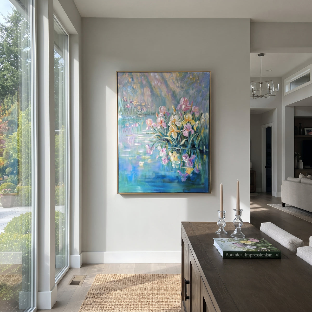Irises Over Still Water pastel iris reflection painting displayed in a styled interior