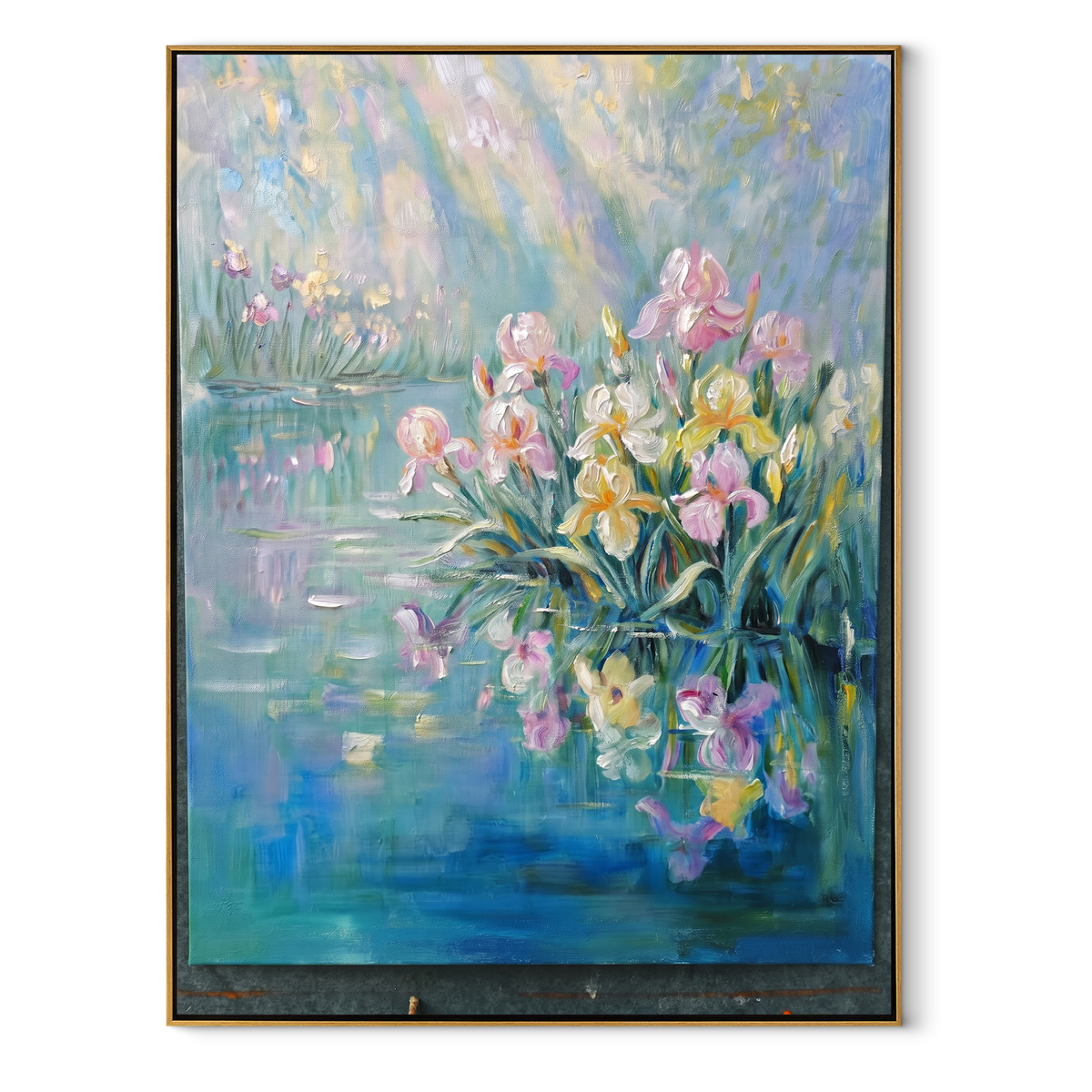 Irises Over Still Water vertical canvas artwork in a wood frame on a white background