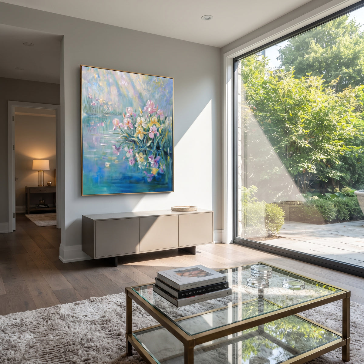 Irises Over Still Water textured wall art shown in a contemporary room setting