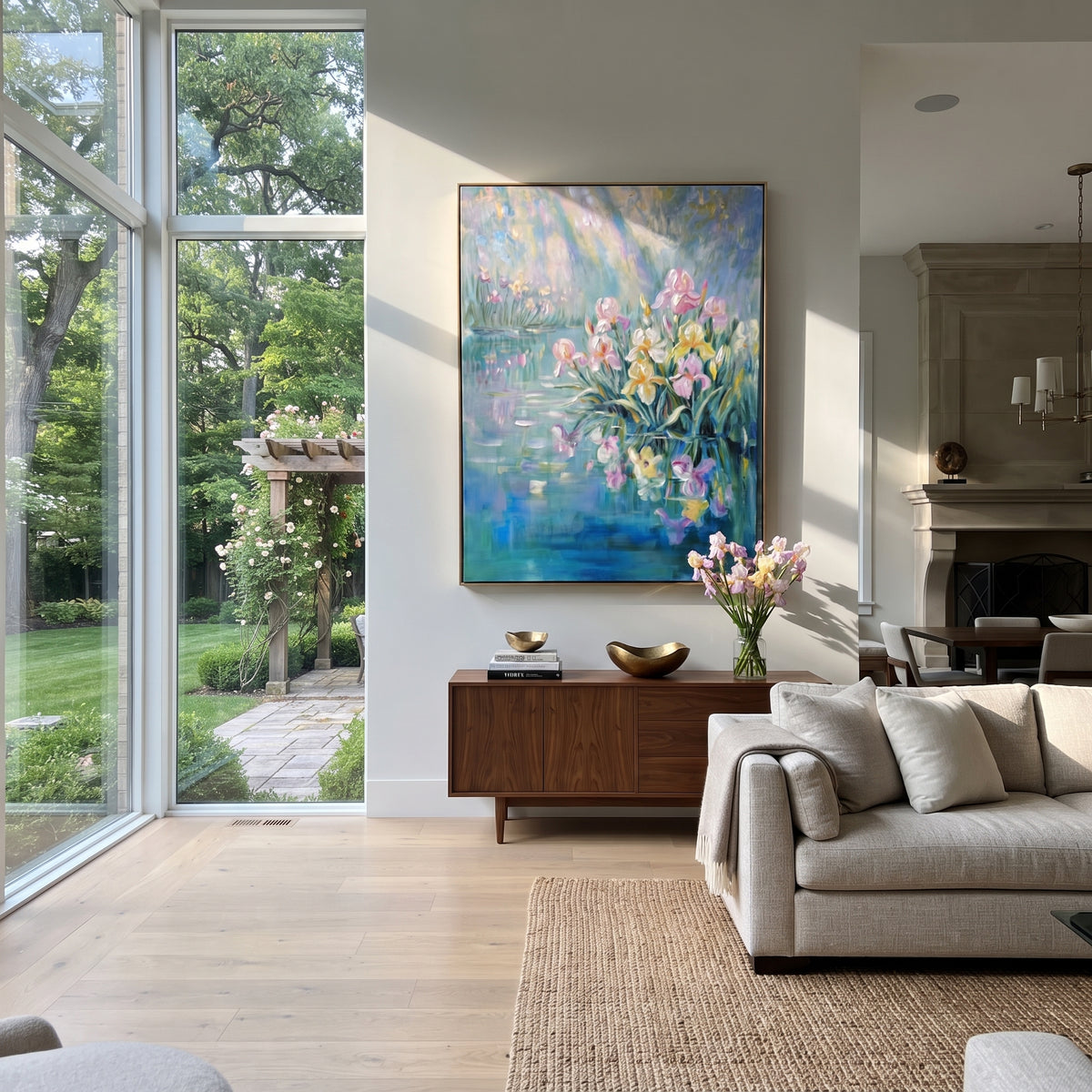 Irises Over Still Water vertical painting displayed as a room focal point