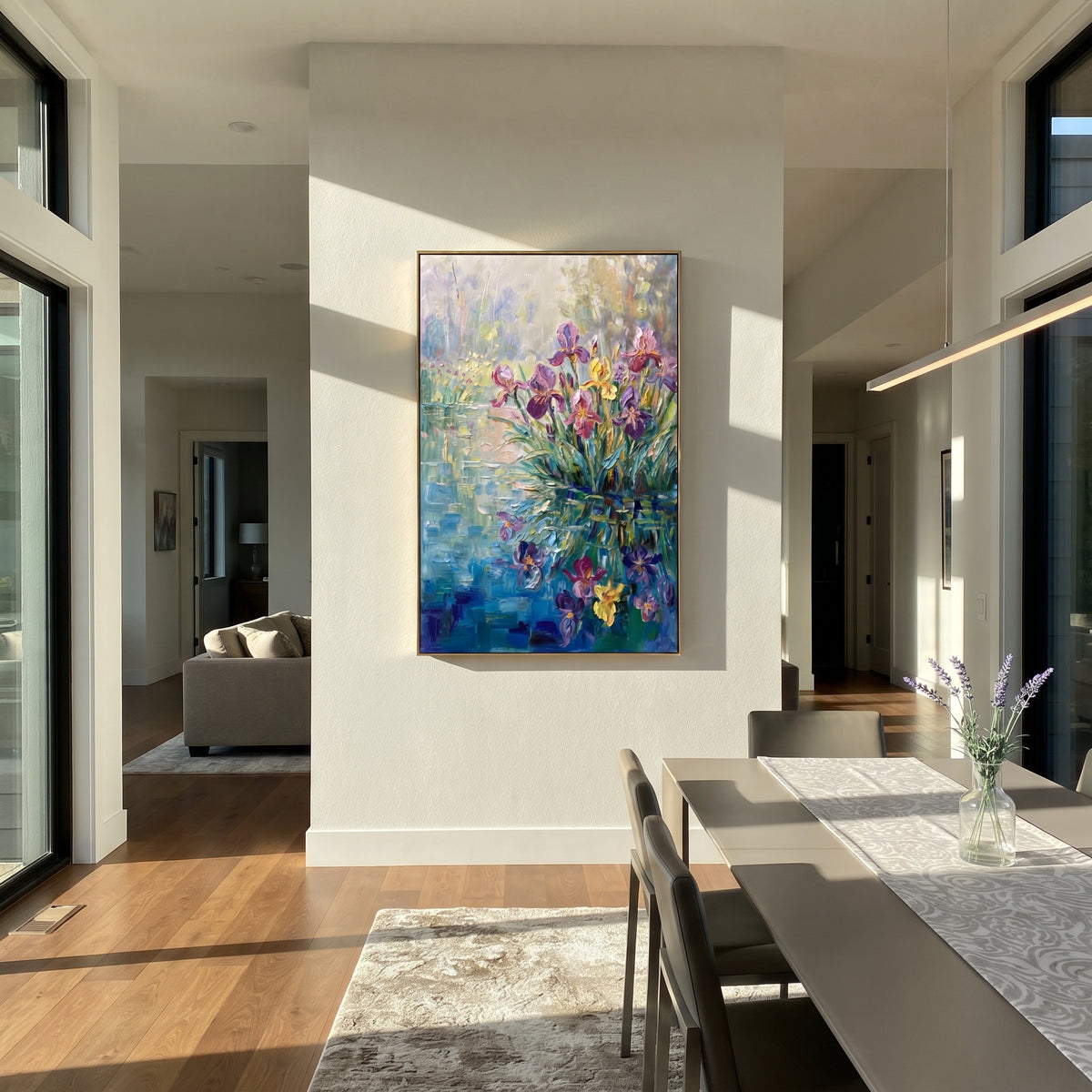 Violet Garden in Motion purple iris garden painting displayed in a styled interior