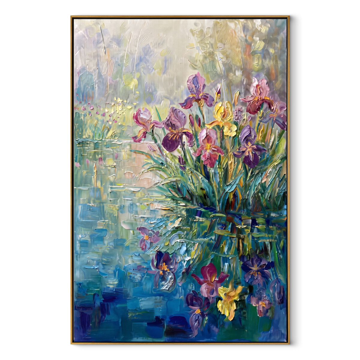 Violet Garden in Motion vertical canvas artwork in a wood frame on a white background
