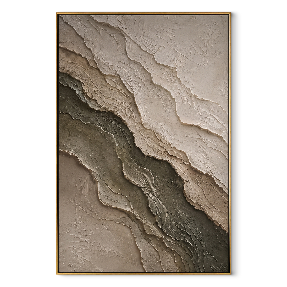 Stone Layers Settle vertical canvas artwork in a wood frame on a white background