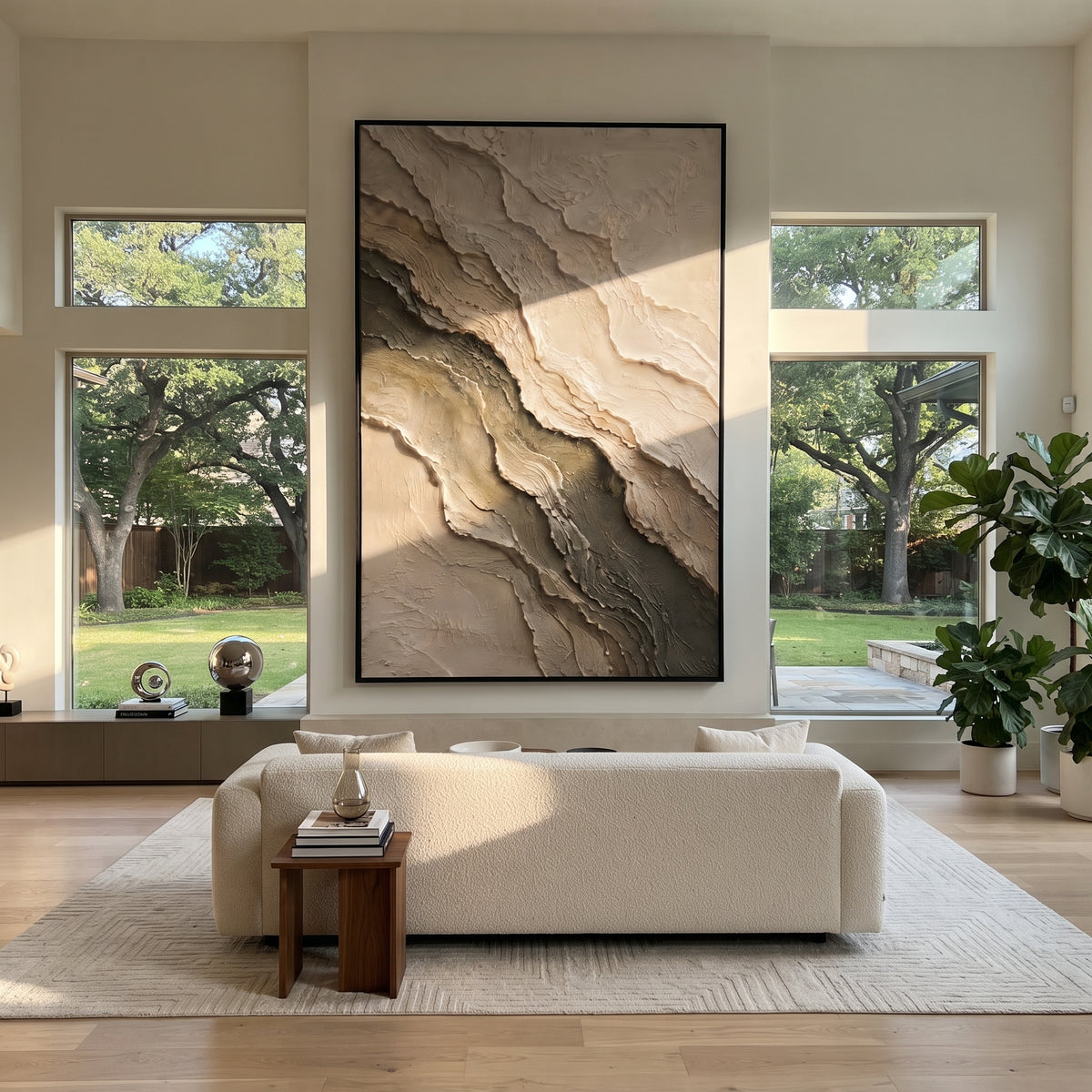 Stone Layers Settle textured wall art shown in a contemporary room setting