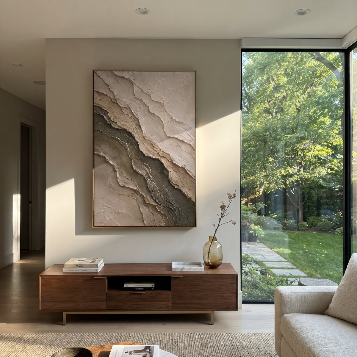 Stone Layers Settle artwork shown with modern interior materials