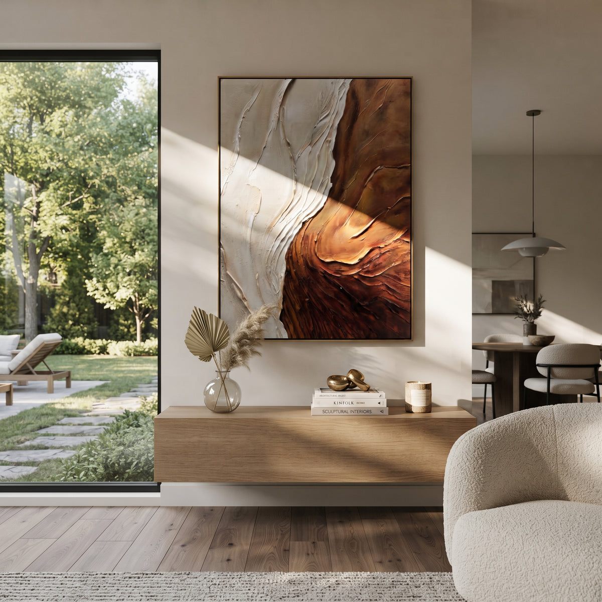 Copper Current Rising textured wall art shown in a contemporary room setting